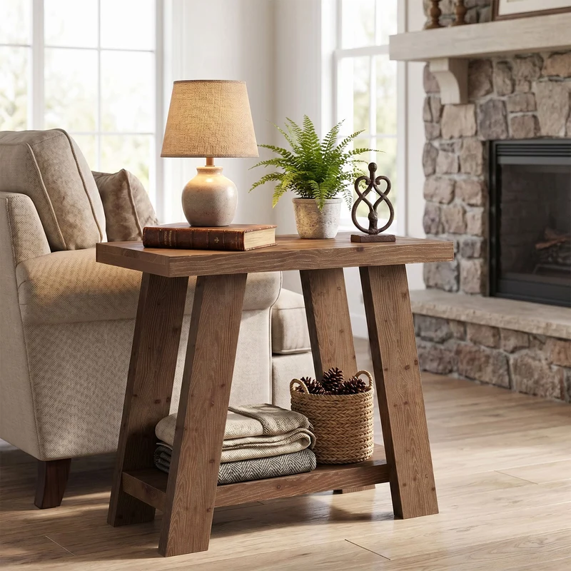 Table d'appoint en bois massif, Petite table de chevet à 2 niveaux Table de chambre moderne avec étagère