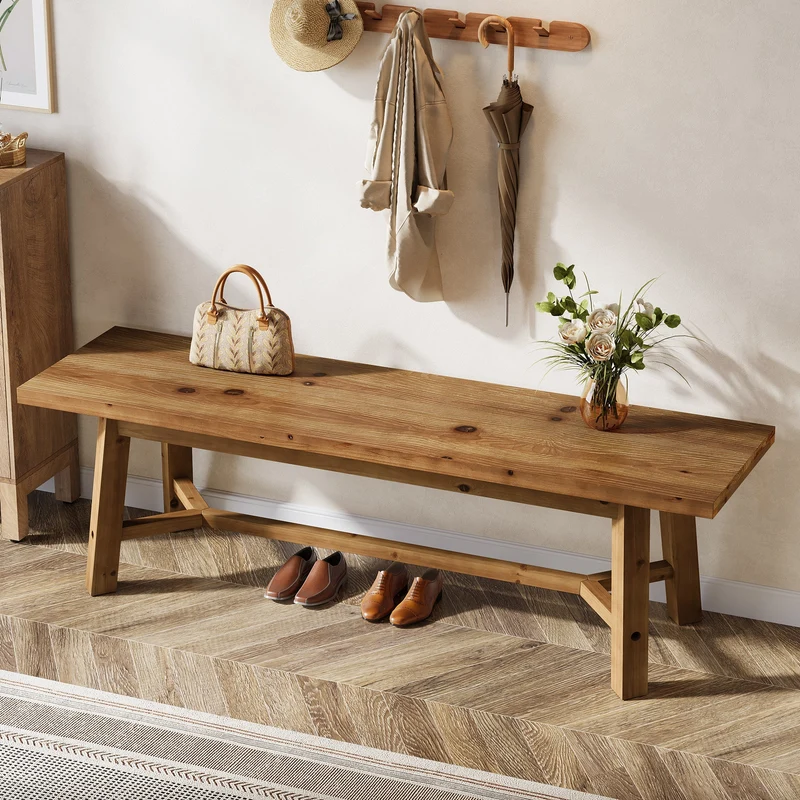Banc en bois massif 140 cm, style champêtre, idéal pour une entrée, un rangement à chaussures ou une salle à manger