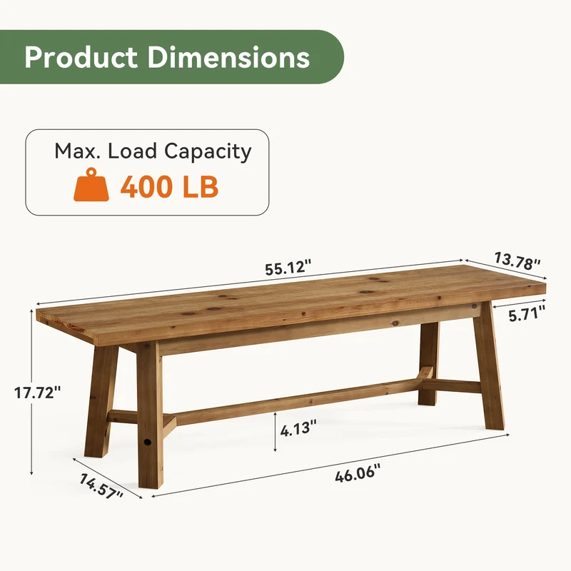 Banc en bois massif 140 cm, style champêtre, idéal pour une entrée, un rangement à chaussures ou une salle à manger