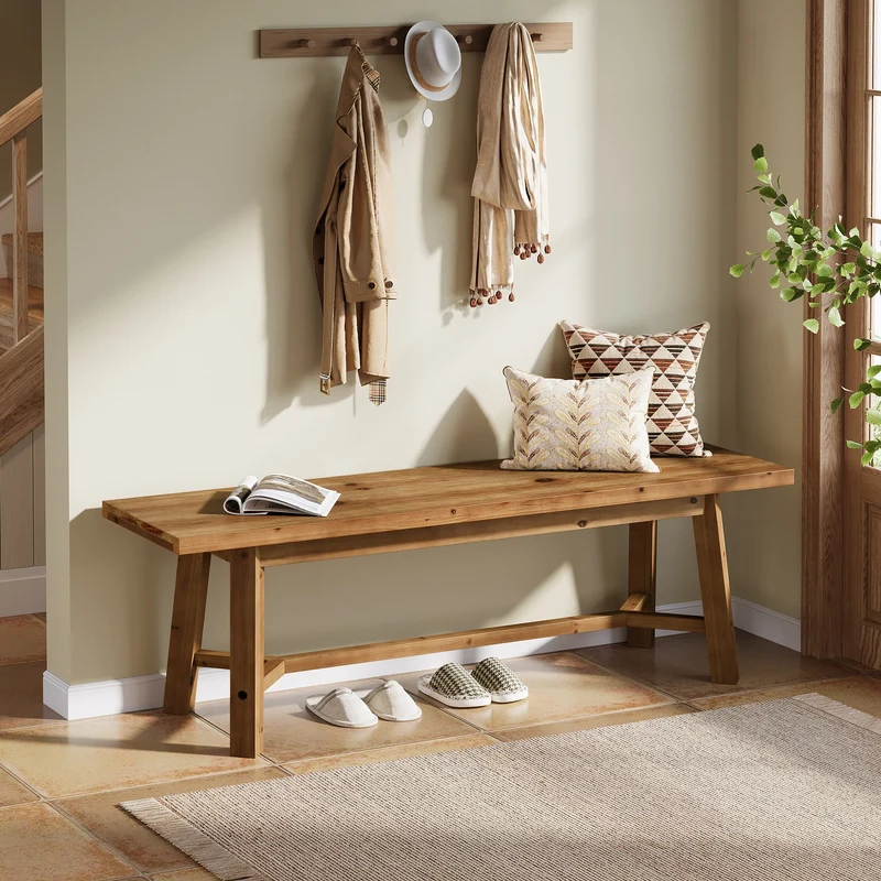 Banc en bois massif 140 cm, style champêtre, idéal pour une entrée, un rangement à chaussures ou une salle à manger