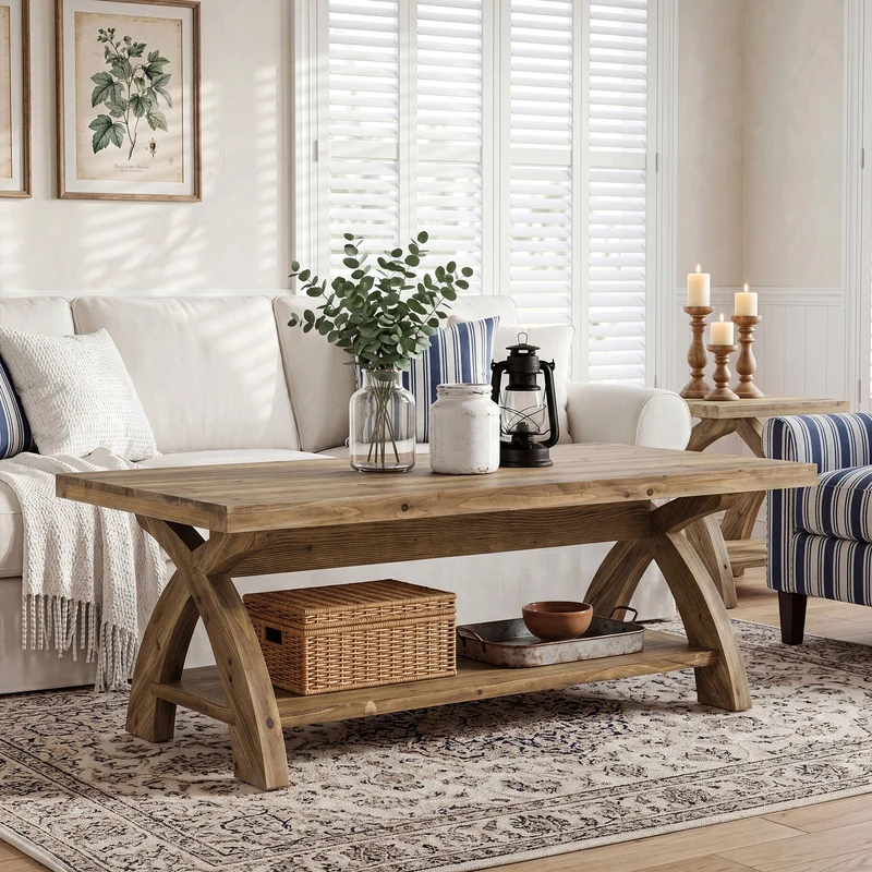 Table basse rectangulaire en bois massif avec étagère et piètement en X, idéale pour le salon