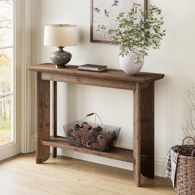 Console de 105 cm avec rangement, Table d'appoint style ferme à 2 niveaux pour salon, couloir et entrée