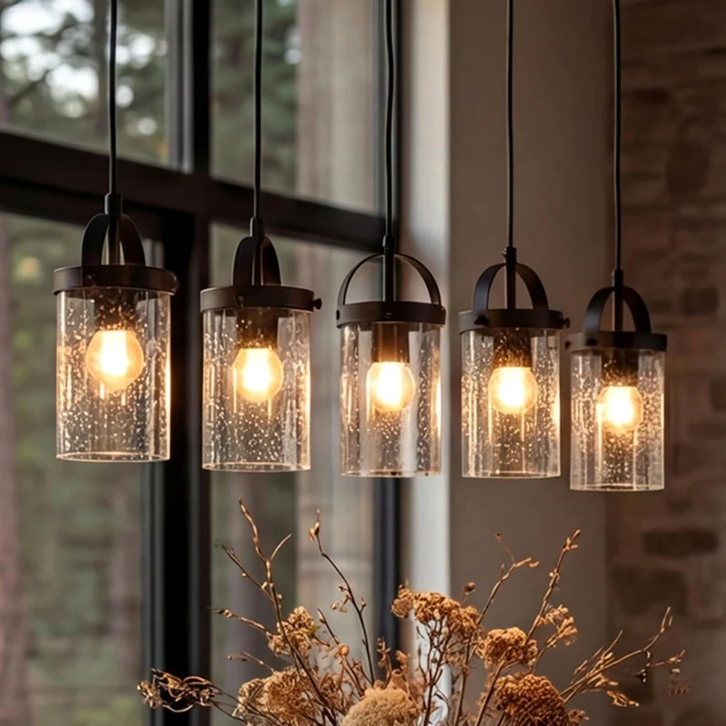 Tribesigns Lustre pour hauts plafonds, Lustre à 5 lumières avec abat-jour en verre, suspension style ferme