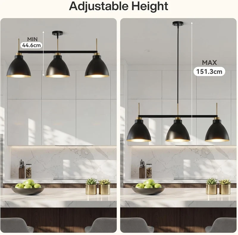 Tribesigns Suspension de style vintage à 3 lumières pour table à manger, Luminaire suspendu industriel noir et doré avec tiges réglables