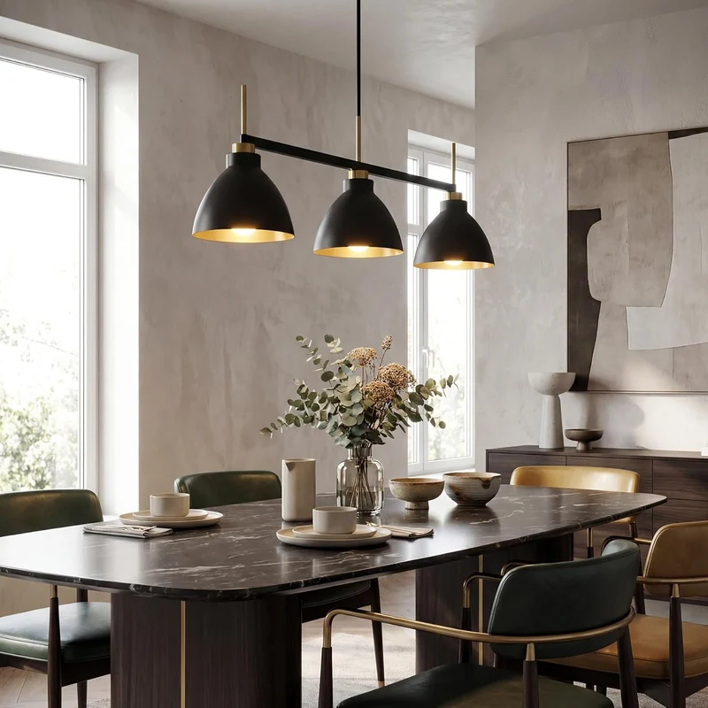 Tribesigns Suspension de style vintage à 3 lumières pour table à manger, Luminaire suspendu industriel noir et doré avec tiges réglables