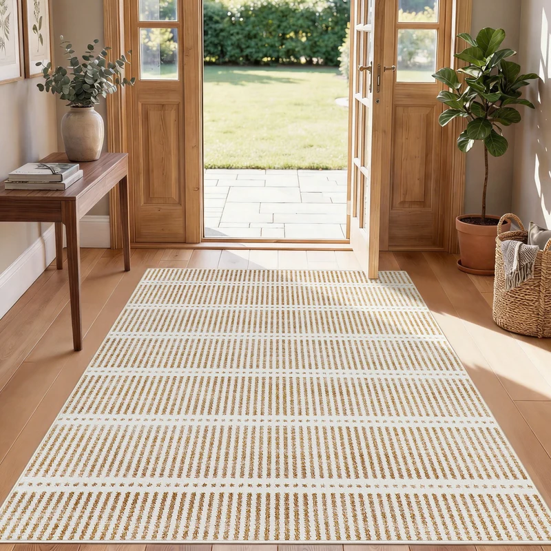 Tribesigns Tapis lavable à poils ras, 160 x 230 cm & 200x300 cm Ultra-fin, Design rayé style ferme