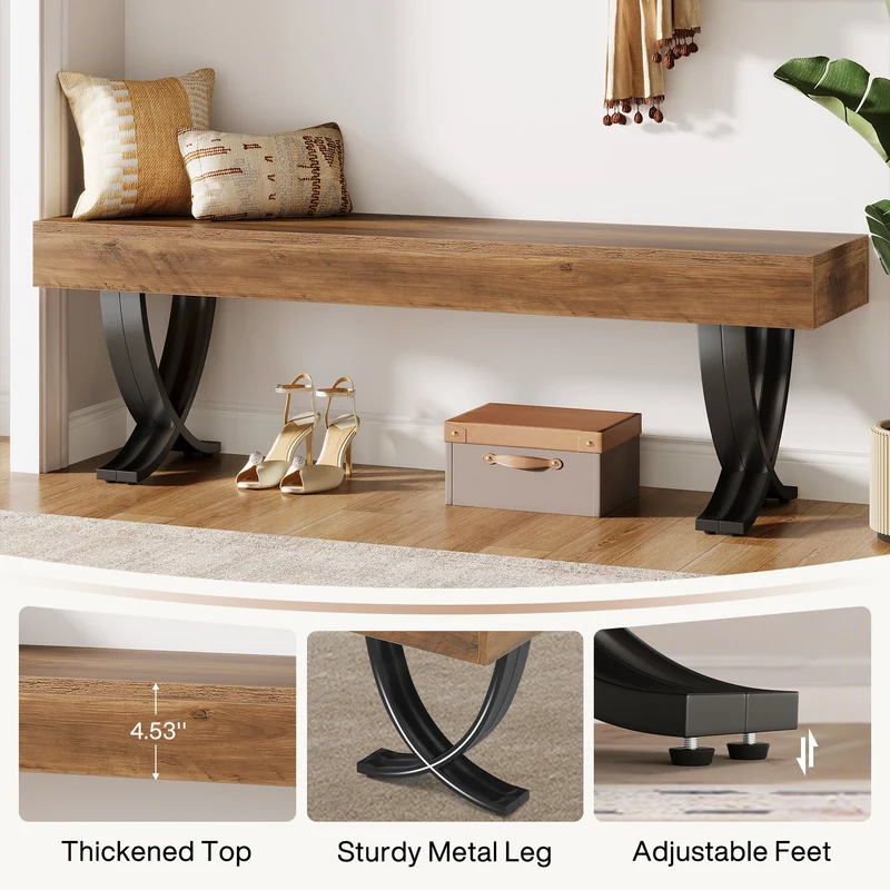 Tribesigns Banc à chaussures industriel de 140 cm avec pieds en X en métal, Long banc d'entrée pour chambre, salon et couloir