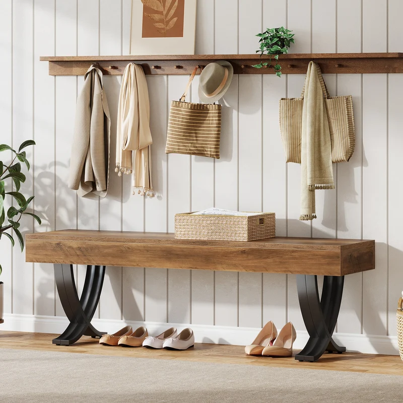 Tribesigns Banc à chaussures industriel de 140 cm avec pieds en X en métal, Long banc d'entrée pour chambre, salon et couloir