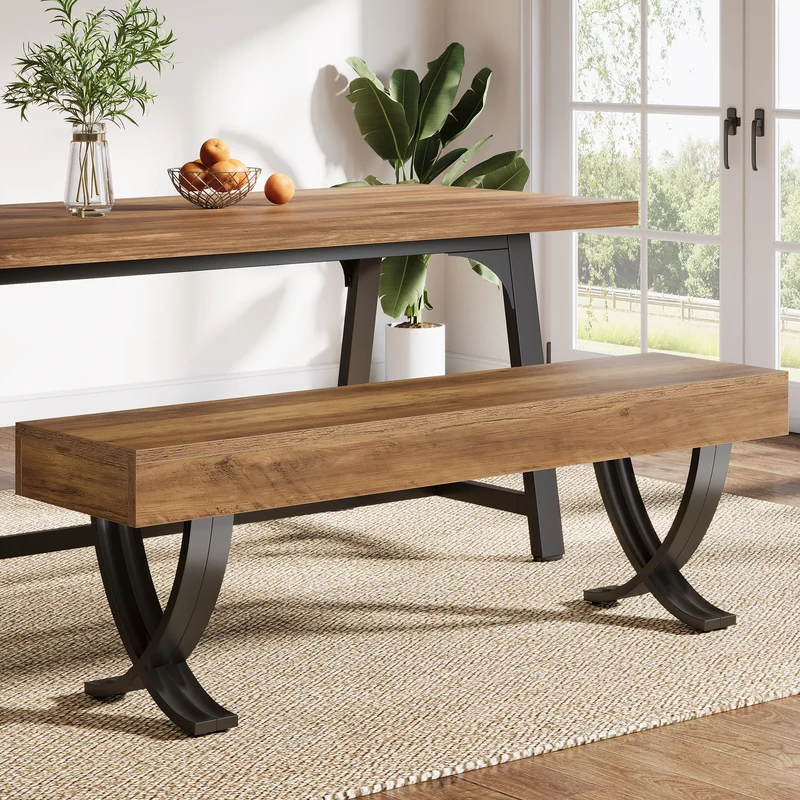 Tribesigns Banc de salle à manger rustique de 140 cm avec plateau imitation bois et pieds en X en métal, Long banc de cuisine pour salle à manger et couloir (banc uniquement)