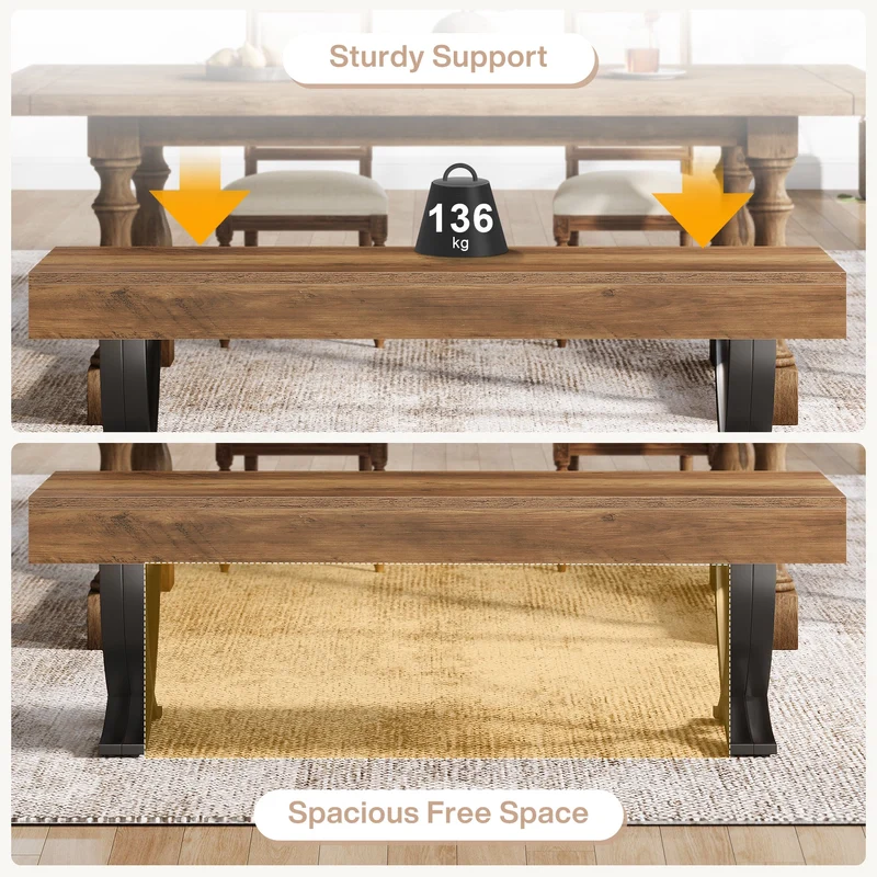 Tribesigns Banc de salle à manger rustique de 140 cm avec plateau imitation bois et pieds en X en métal, Long banc de cuisine pour salle à manger et couloir (banc uniquement)