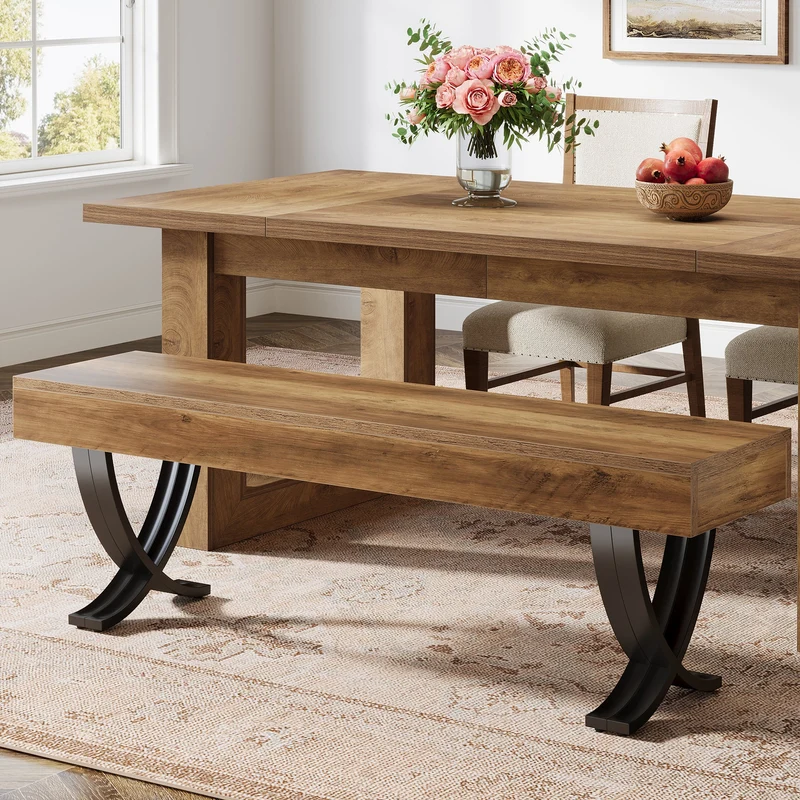 Tribesigns Banc de salle à manger rustique de 140 cm avec plateau imitation bois et pieds en X en métal, Long banc de cuisine pour salle à manger et couloir (banc uniquement)