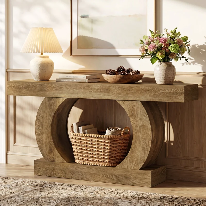Console rustique 150 x 30 x 85 cm avec base ronde ouverte, Table d'entrée étroite à 2 niveaux pour couloir et salon