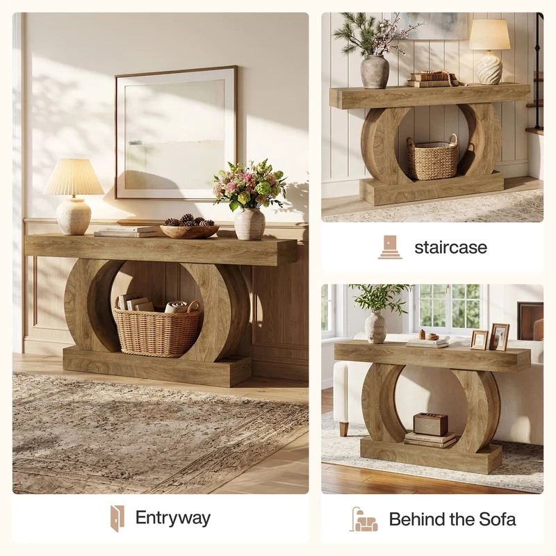 Console rustique 150 x 30 x 85 cm avec base ronde ouverte, Table d'entrée étroite à 2 niveaux pour couloir et salon