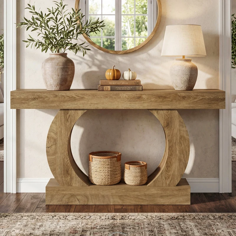 Console rustique 150 x 30 x 85 cm avec base ronde ouverte, Table d'entrée étroite à 2 niveaux pour couloir et salon