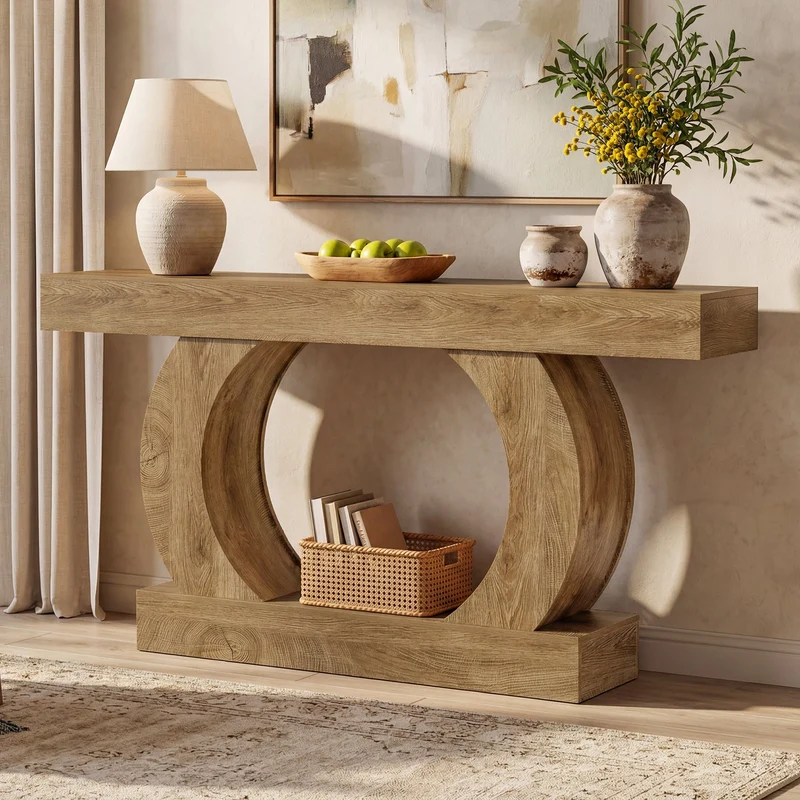 Console rustique 150 x 30 x 85 cm avec base ronde ouverte, Table d'entrée étroite à 2 niveaux pour couloir et salon