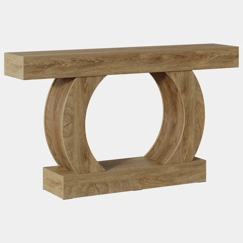 Console rustique 150 x 30 x 85 cm avec base ronde ouverte, Table d'entrée étroite à 2 niveaux pour couloir et salon