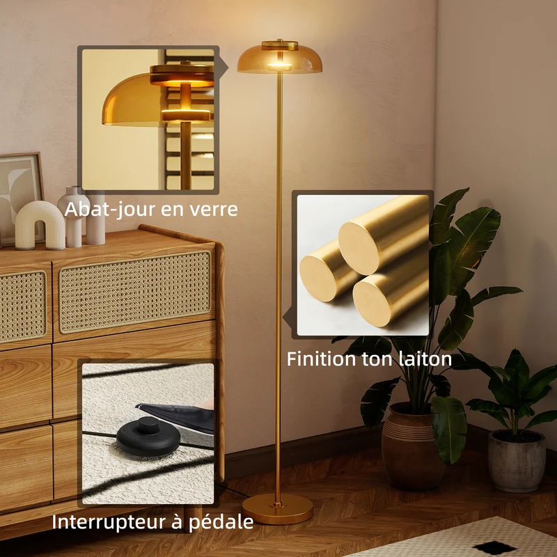 Lampadaire sur pied salon 25 x 134 cm lumière chaude 3000 K interrupteur à pied minimaliste moderne en métal laiton 21_0007053