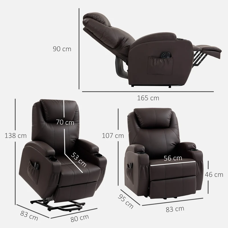 Fauteuil releveur électrique salon 83 x 95 x 107 cm levage inclinaison assise rembourrée très contemporain en PU marron 21_0000800