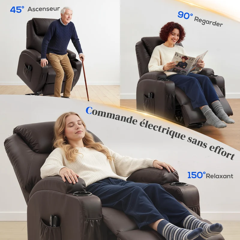 Fauteuil releveur électrique salon 83 x 95 x 107 cm levage inclinaison assise rembourrée très contemporain en PU marron 21_0000800