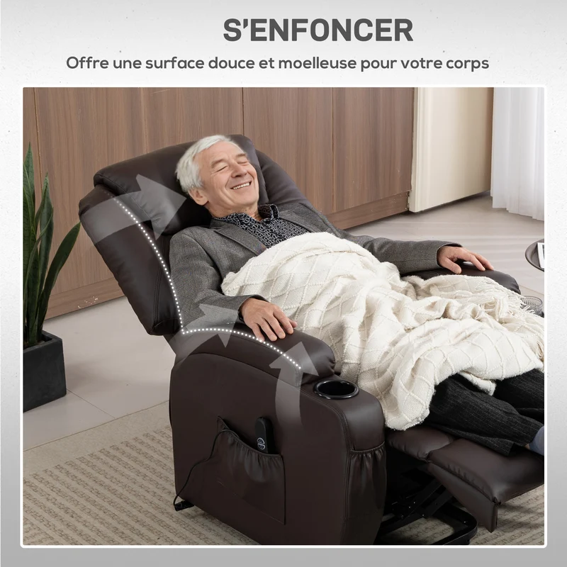 Fauteuil releveur électrique salon 83 x 95 x 107 cm levage inclinaison assise rembourrée très contemporain en PU marron 21_0000800