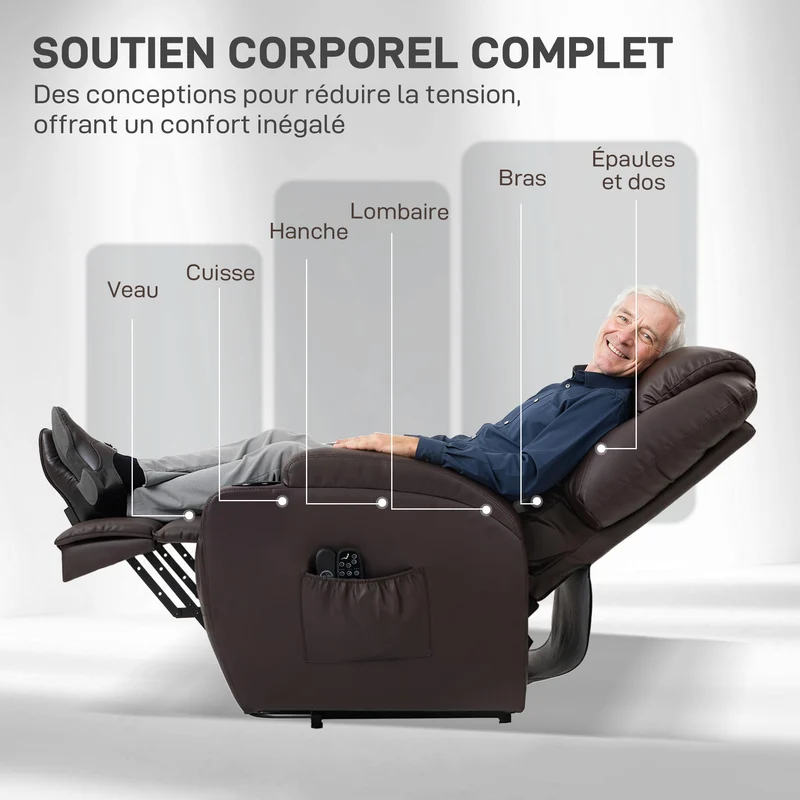 Fauteuil releveur électrique salon 83 x 95 x 107 cm levage inclinaison assise rembourrée très contemporain en PU marron 21_0000800