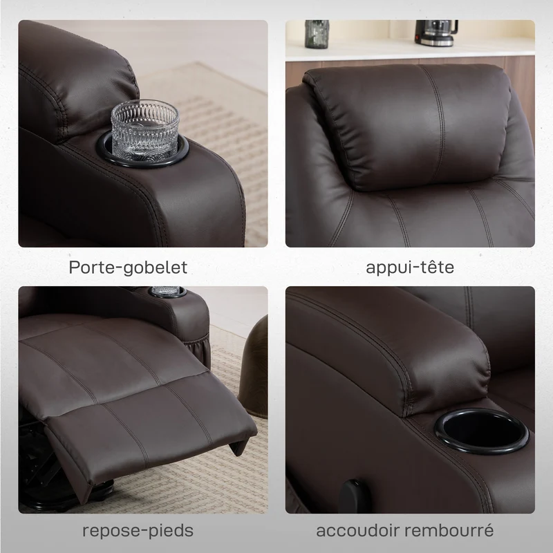 Fauteuil releveur électrique salon 83 x 95 x 107 cm levage inclinaison assise rembourrée très contemporain en PU marron 21_0000800