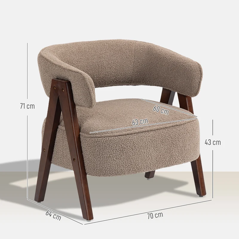 Fauteuil de salon dossier incurvé 70 x 64 x 71 cm assise large rembourrée confort scandinave en tissu bouclette marron 21_0003584