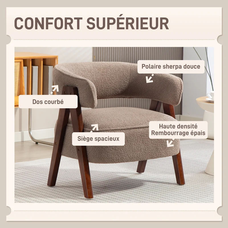 Fauteuil de salon dossier incurvé 70 x 64 x 71 cm assise large rembourrée confort scandinave en tissu bouclette marron 21_0003584