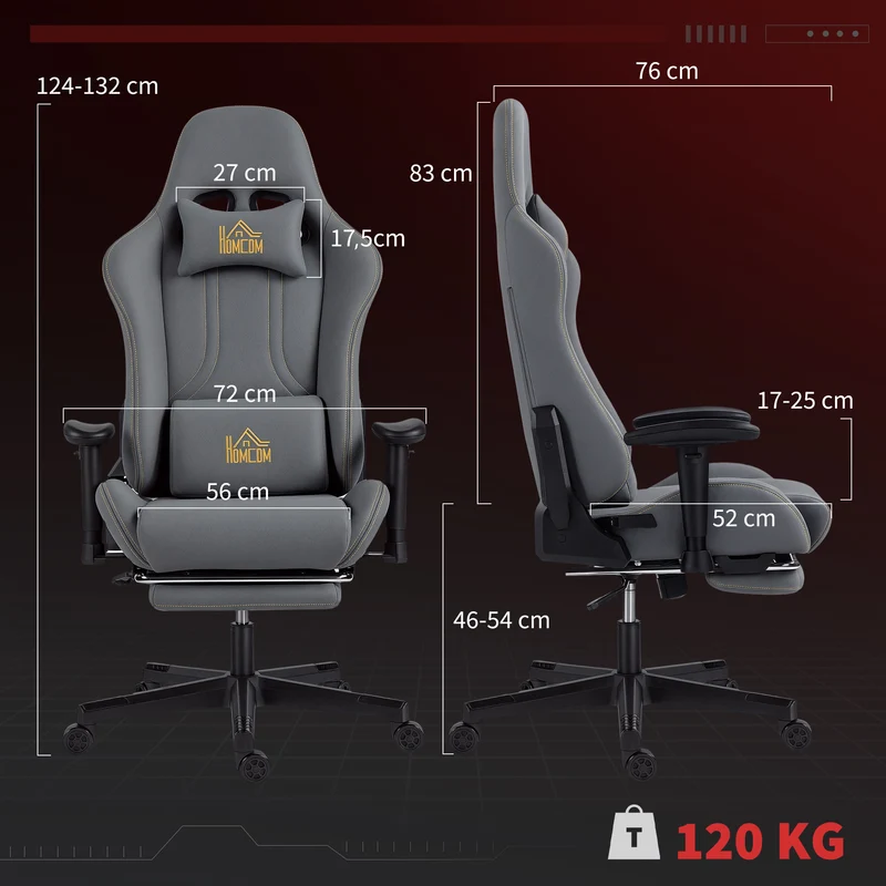 Fauteuil de jeu ergonomique 72 x 76 x 132 cm dossier inclinable 135° accoudoirs 3d design moderne en suède gris foncé 21_0006306