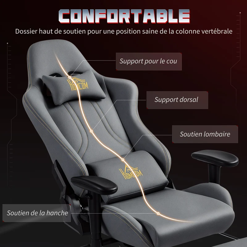Fauteuil de jeu ergonomique 72 x 76 x 132 cm dossier inclinable 135° accoudoirs 3d design moderne en suède gris foncé 21_0006306