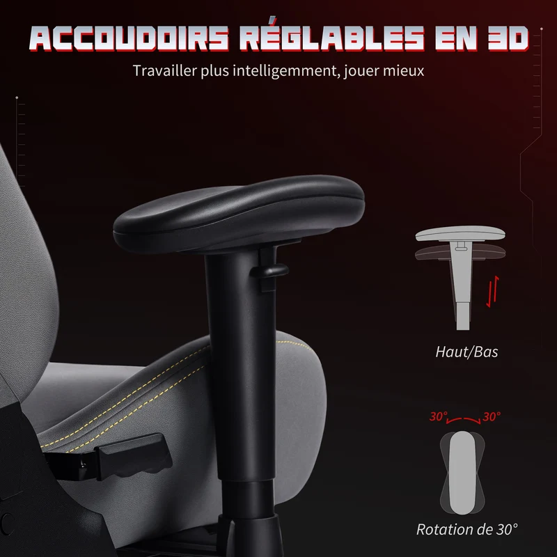 Fauteuil de jeu ergonomique 72 x 76 x 132 cm dossier inclinable 135° accoudoirs 3d design moderne en suède gris foncé 21_0006306