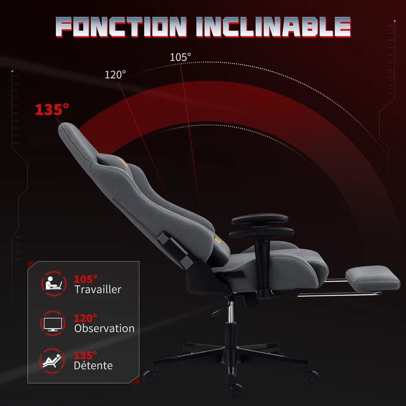 Fauteuil de jeu ergonomique 72 x 76 x 132 cm dossier inclinable 135° accoudoirs 3d design moderne en suède gris foncé 21_0006306