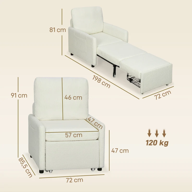 Fauteuil convertible 1 place lit d'appoint assise large rembourrée 72 x 85,5 x 91 cm moderne cosy en polaire crème 21_0003572
