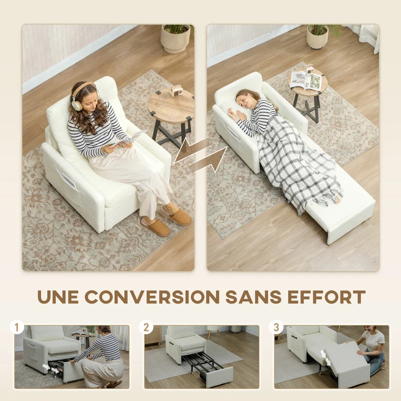 Fauteuil convertible 1 place lit d'appoint assise large rembourrée 72 x 85,5 x 91 cm moderne cosy en polaire crème 21_0003572