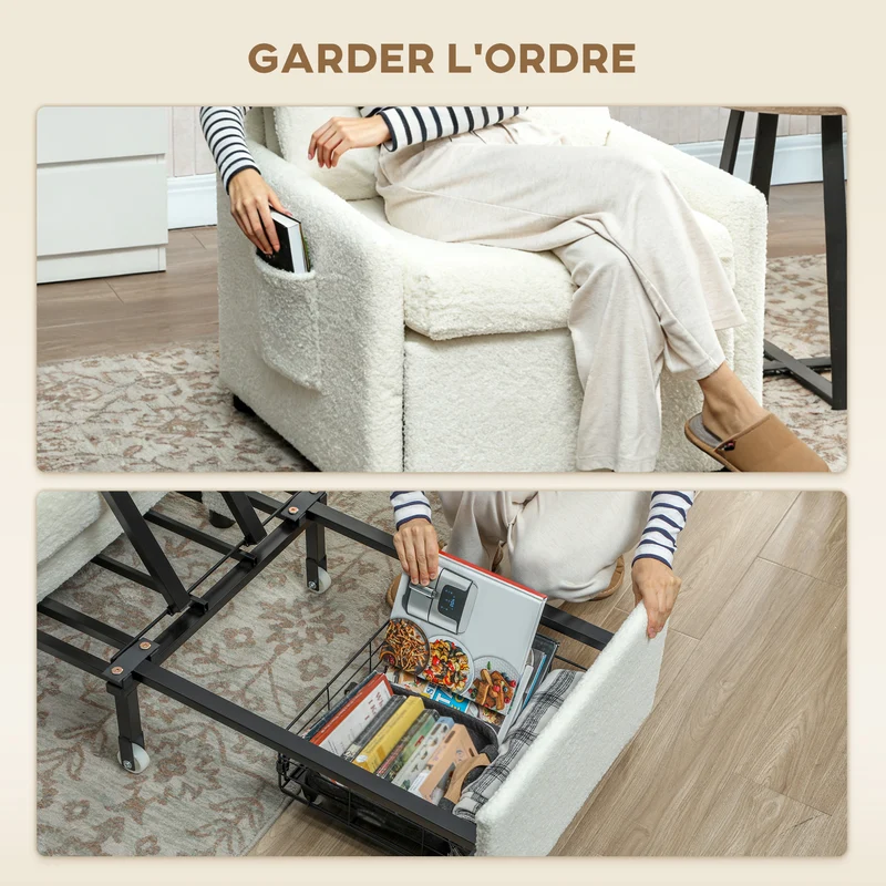 Fauteuil convertible 1 place lit d'appoint assise large rembourrée 72 x 85,5 x 91 cm moderne cosy en polaire crème 21_0003572