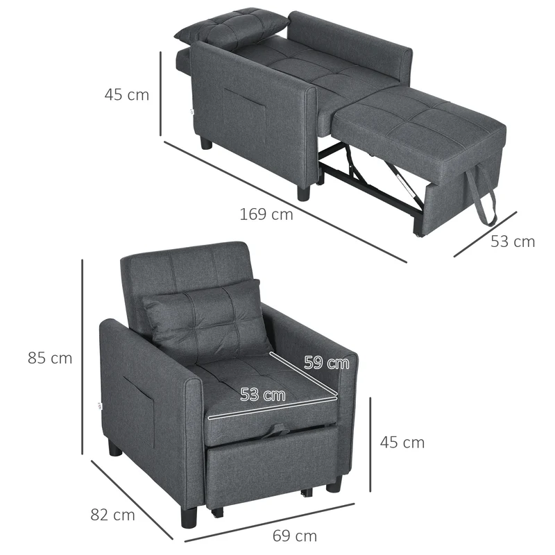 Fauteuil convertible 1 place canapé lit 69 x 82 x 85 cm dossier réglable oreiller inclus contemporain en polyester gris 21_0003113