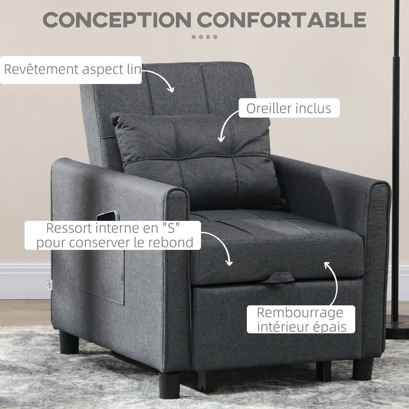 Fauteuil convertible 1 place canapé lit 69 x 82 x 85 cm dossier réglable oreiller inclus contemporain en polyester gris 21_0003113