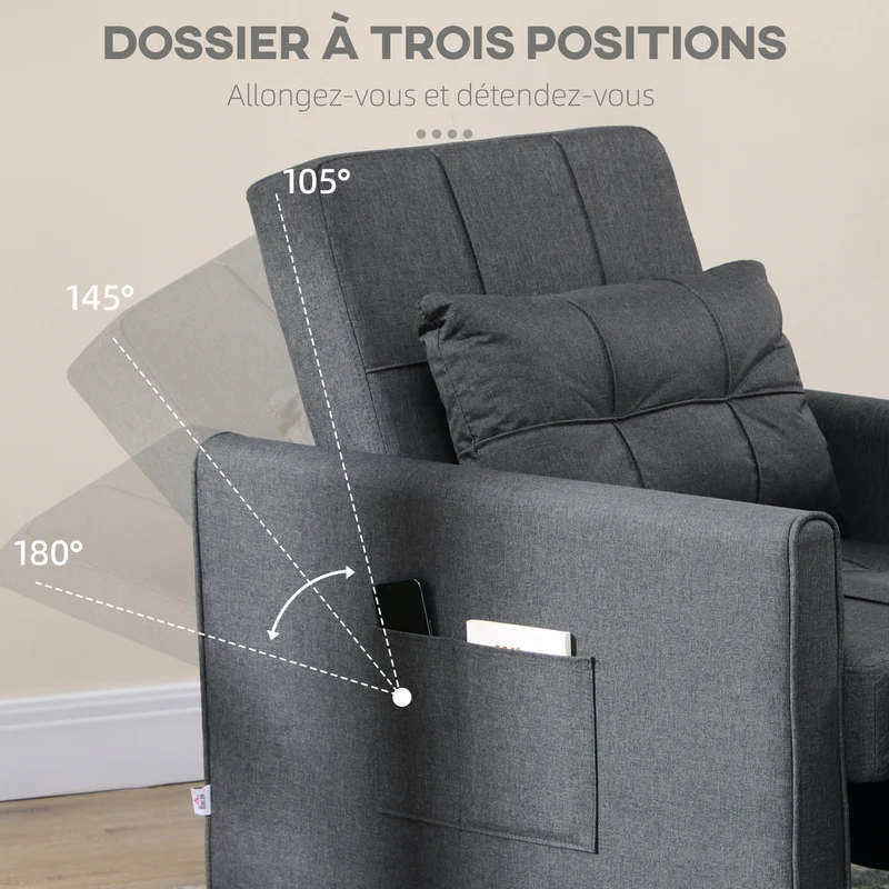 Fauteuil convertible 1 place canapé lit 69 x 82 x 85 cm dossier réglable oreiller inclus contemporain en polyester gris 21_0003113