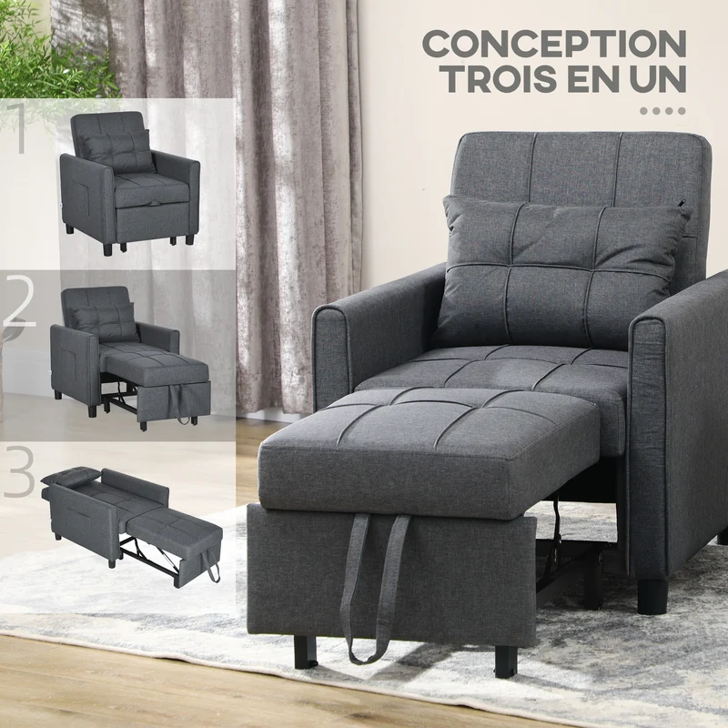 Fauteuil convertible 1 place canapé lit 69 x 82 x 85 cm dossier réglable oreiller inclus contemporain en polyester gris 21_0003113