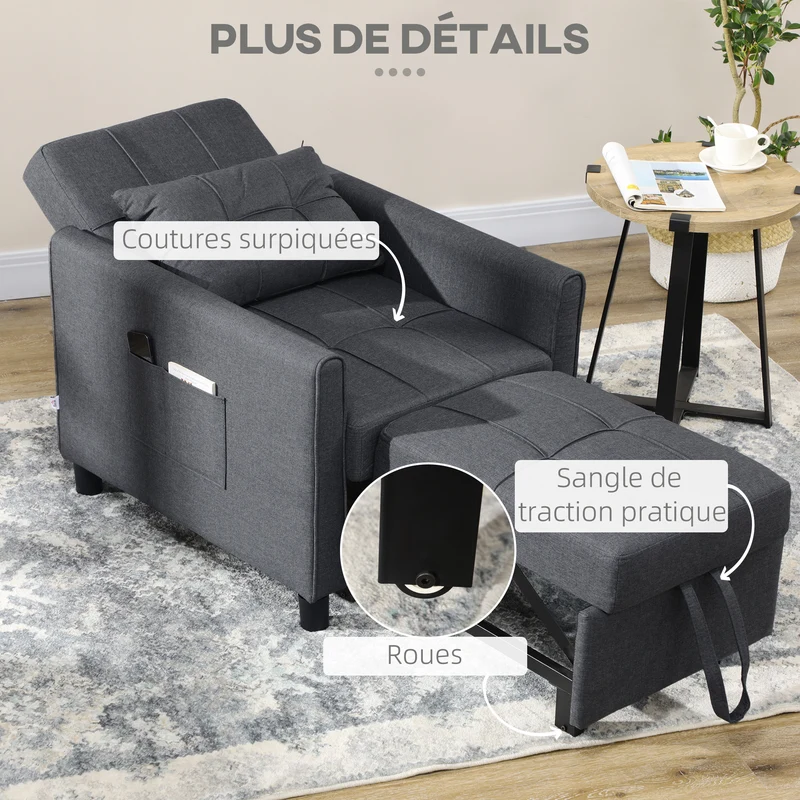Fauteuil convertible 1 place canapé lit 69 x 82 x 85 cm dossier réglable oreiller inclus contemporain en polyester gris 21_0003113
