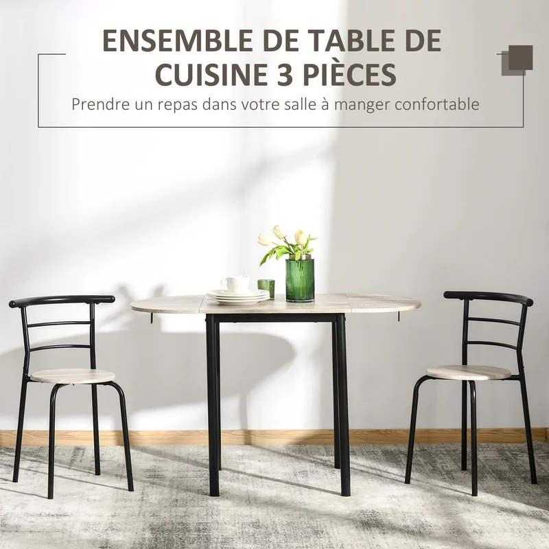 Ensemble table ovale extensible 3 pièces pour salle à manger 120 x 60 x 75 cm rallonges rabattables moderne en MDF marron 21_0002274