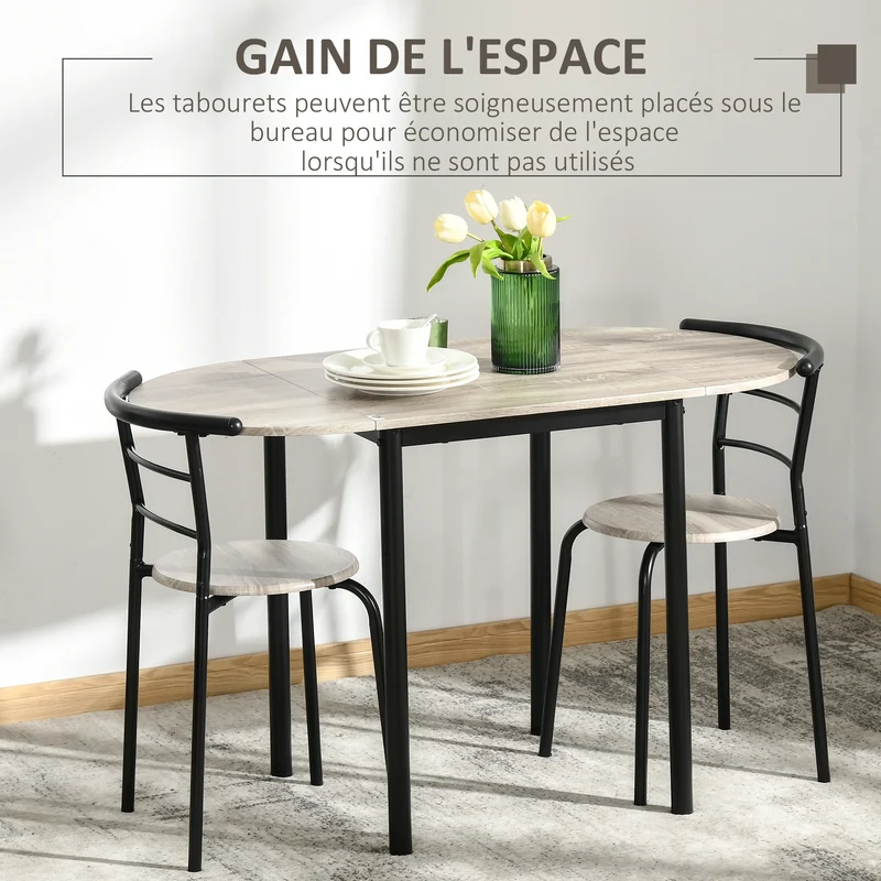 Ensemble table ovale extensible 3 pièces pour salle à manger 120 x 60 x 75 cm rallonges rabattables moderne en MDF marron 21_0002274