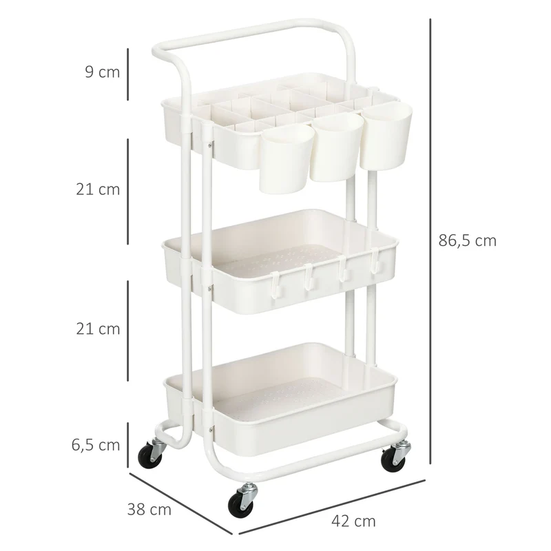 Chariot desserte cuisine salle de bain 42 x 38 x 86.5 cm rangement modulable 3 niveaux moderne épuré en acier blanc 21_0005794