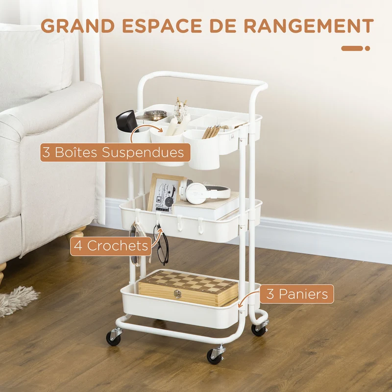 Chariot desserte cuisine salle de bain 42 x 38 x 86.5 cm rangement modulable 3 niveaux moderne épuré en acier blanc 21_0005794