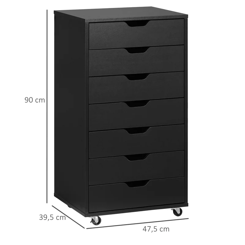 Caisson de bureau mobile rangement 47,5 x 39,5 x 90 cm 7 tiroirs roulettes freins moderne en panneau de particules noir 21_0006387