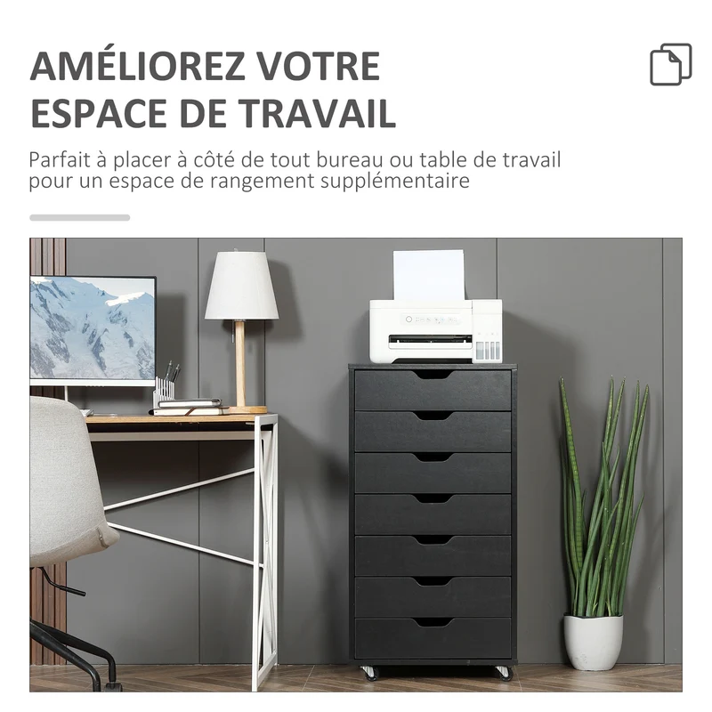 Caisson de bureau mobile rangement 47,5 x 39,5 x 90 cm 7 tiroirs roulettes freins moderne en panneau de particules noir 21_0006387