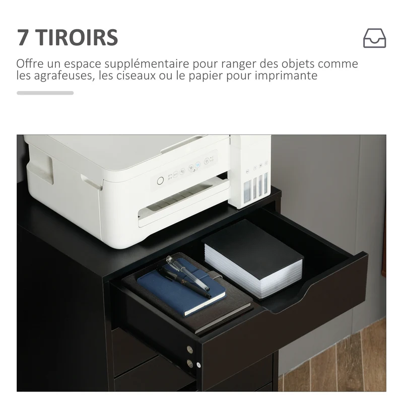 Caisson de bureau mobile rangement 47,5 x 39,5 x 90 cm 7 tiroirs roulettes freins moderne en panneau de particules noir 21_0006387