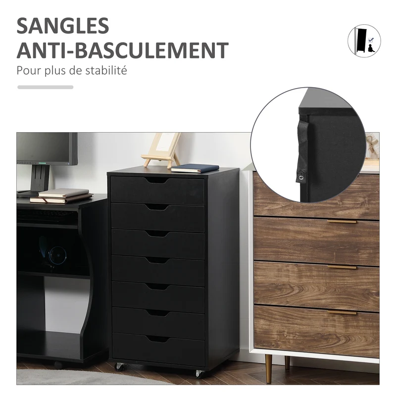 Caisson de bureau mobile rangement 47,5 x 39,5 x 90 cm 7 tiroirs roulettes freins moderne en panneau de particules noir 21_0006387
