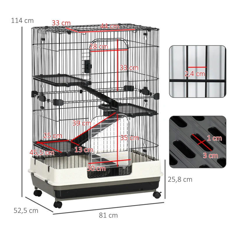 Cage pour petits animaux roulante 81,2 x 52,7 x 114 cm 3 niveaux amovibles 3 rampes design salon cosy en métal noir 21_0007876
