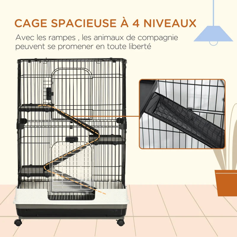 Cage pour petits animaux roulante 81,2 x 52,7 x 114 cm 3 niveaux amovibles 3 rampes design salon cosy en métal noir 21_0007876